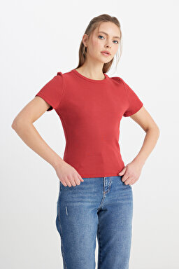 Slim Fit Dar Kesim Bisiklet Yaka Kırmızı Tişört - Light Rose-W241600821 (görsel 4)
