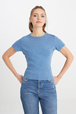 Slim Fit Dar Kesim Bisiklet Yaka Lacivert Tişört - İndigo-W241600TF (görsel 4)