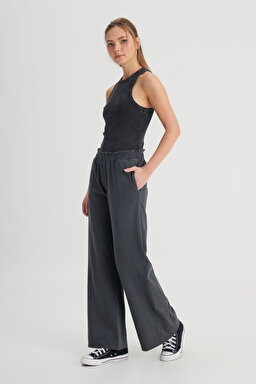Loose Fit Rahat Kesim Yüksek Bel Geniş Paça %100 Pamuk Antrasit Sweatpant Eşofman - Anthracite-W241602003 (görsel 2)
