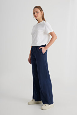 Loose Fit Rahat Kesim Yüksek Bel Geniş Paça %100 Pamuk Lacivert Sweatpant Eşofman - Navy-W241602410 (görsel 2)