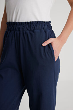 Loose Fit Rahat Kesim Yüksek Bel Geniş Paça %100 Pamuk Lacivert Sweatpant Eşofman - Navy-W241602410 (görsel 3)