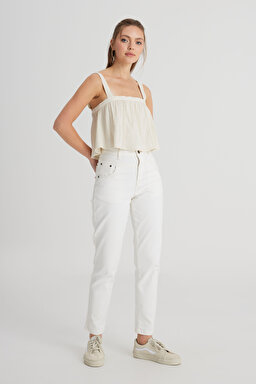 Relaxed Fit Geniş Kesim Kare Yaka Ekru Bluz - Ecru-W241604104 (görsel 3)