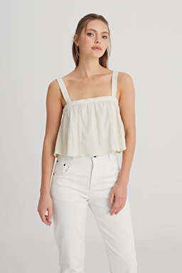 Relaxed Fit Geniş Kesim Kare Yaka Ekru Bluz - Ecru-W241604104 (görsel 4)