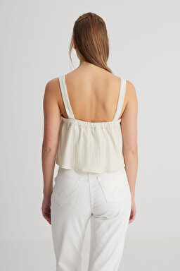 Relaxed Fit Geniş Kesim Kare Yaka Ekru Bluz - Ecru-W241604104 (görsel 5)
