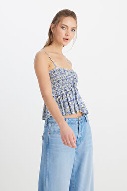 Regular Fit Normal Kesim Kalp Yaka Mavi Bluz - Blue-W241605400 (görsel 5)