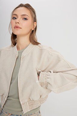 Slim Fit Dar Kesim Bisiklet Yaka %100 Pamuk Bej Bomber Ceket - Beige-W241606614 (görsel 3)