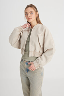 Slim Fit Dar Kesim Bisiklet Yaka %100 Pamuk Bej Bomber Ceket - Beige-W241606614 (görsel 5)