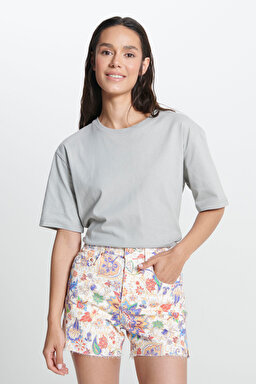 Relaxed Fit Geniş Kesim Bisiklet Yaka %100 Pamuk Gri Tişört - Gray-W241608035 (görsel 2)