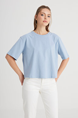 Relaxed Fit Geniş Kesim Bisiklet Yaka %100 Pamuk Mavi Tişört - Fresh Water-W241608A18