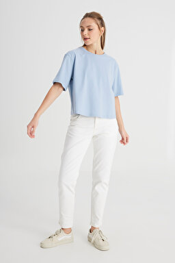 Relaxed Fit Geniş Kesim Bisiklet Yaka %100 Pamuk Mavi Tişört - Fresh Water-W241608A18 (görsel 3)