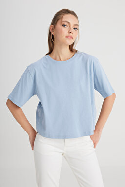 Relaxed Fit Geniş Kesim Bisiklet Yaka %100 Pamuk Mavi Tişört - Fresh Water-W241608A18 (görsel 4)