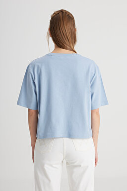 Relaxed Fit Geniş Kesim Bisiklet Yaka %100 Pamuk Mavi Tişört - Fresh Water-W241608A18 (görsel 5)