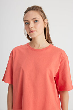 Relaxed Fit Geniş Kesim Bisiklet Yaka %100 Pamuk Turuncu Tişört - Poppy-W241608B50 (görsel 2)