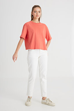 Relaxed Fit Geniş Kesim Bisiklet Yaka %100 Pamuk Turuncu Tişört - Poppy-W241608B50 (görsel 3)