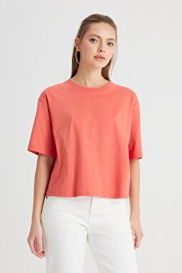 Relaxed Fit Geniş Kesim Bisiklet Yaka %100 Pamuk Turuncu Tişört - Poppy-W241608B50 (görsel 4)