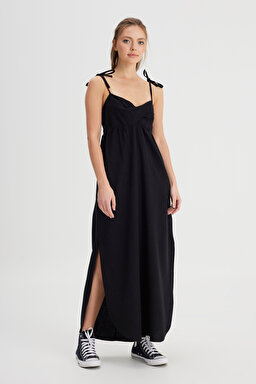 Regular Fit Normal Kesim Kare Yaka Siyah Elbise - Black-W241610001