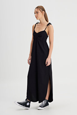 Regular Fit Normal Kesim Kare Yaka Siyah Elbise - Black-W241610001 (görsel 2)