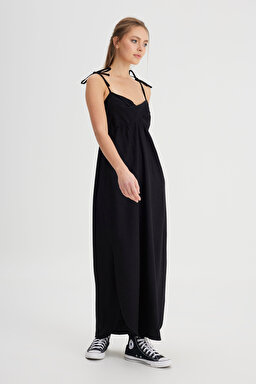 Regular Fit Normal Kesim Kare Yaka Siyah Elbise - Black-W241610001 (görsel 4)