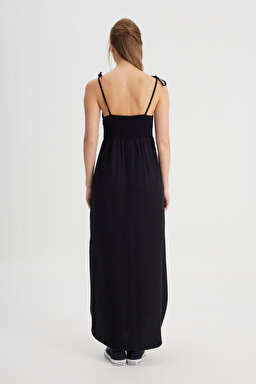 Regular Fit Normal Kesim Kare Yaka Siyah Elbise - Black-W241610001 (görsel 5)