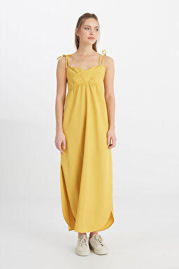 Regular Fit Normal Kesim Kare Yaka Hardal Rengi Elbise - Mustard-W241610210 (görsel 4)