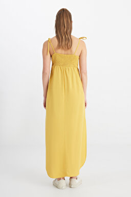 Regular Fit Normal Kesim Kare Yaka Hardal Rengi Elbise - Mustard-W241610210 (görsel 5)