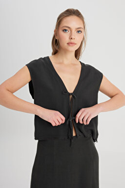 Regular Fit Normal Kesim Bisiklet Yaka Siyah Yelek - Black-W241611001 (görsel 5)