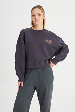 Relaxed Fit Geniş Kesim Bisiklet Yaka %100 Pamuk Siyah Sweatshirt - Faded Black-W24161433W (görsel 3)