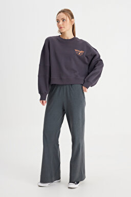 Relaxed Fit Geniş Kesim Bisiklet Yaka %100 Pamuk Siyah Sweatshirt - Faded Black-W24161433W (görsel 4)