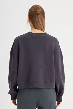Relaxed Fit Geniş Kesim Bisiklet Yaka %100 Pamuk Siyah Sweatshirt - Faded Black-W24161433W (görsel 6)