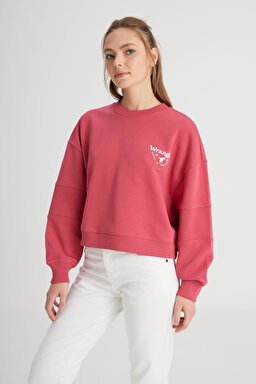 Relaxed Fit Geniş Kesim Bisiklet Yaka %100 Pamuk Bordo Sweatshirt - Wine-W241614810