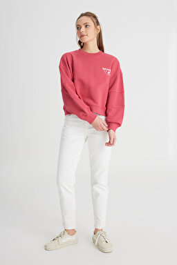 Relaxed Fit Geniş Kesim Bisiklet Yaka %100 Pamuk Bordo Sweatshirt - Wine-W241614810 (görsel 3)