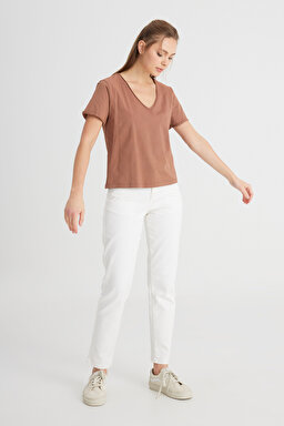 Regular Fit Normal Kesim V Yaka %100 Pamuk Açık Kahverengi Tişört - Light Brown-W241664219 (görsel 3)