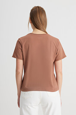 Regular Fit Normal Kesim V Yaka %100 Pamuk Açık Kahverengi Tişört - Light Brown-W241664219 (görsel 5)