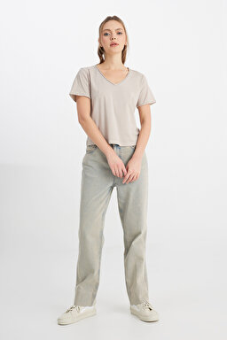 Regular Fit Normal Kesim V Yaka %100 Pamuk Bej Tişört - Beige-W241664614 (görsel 3)