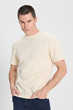 Regular Fit Normal Kesim Bisiklet Yaka %100 Pamuk Bej Tişört - Beige-W241673614