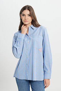 Loose Fit Rahat Kesim %100 Pamuk İndigo Gömlek - Indigo-W242194315 (görsel 2)