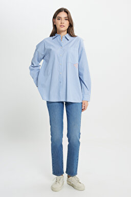 Loose Fit Rahat Kesim %100 Pamuk İndigo Gömlek - Indigo-W242194315 (görsel 4)
