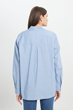Loose Fit Rahat Kesim %100 Pamuk İndigo Gömlek - Indigo-W242194315 (görsel 6)