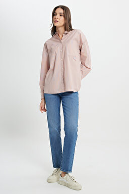 Loose Fit Rahat Kesim %100 Pamuk Bej Gömlek - Beige-W242194614 (görsel 3)