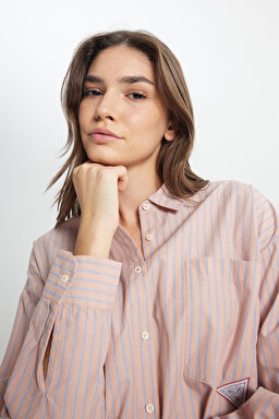 Loose Fit Rahat Kesim %100 Pamuk Bej Gömlek - Beige-W242194614 (görsel 4)