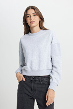 Relaxed Fit Geniş Kesim Bisiklet Yaka Gri Melanj Sweatshirt - Gray Melange-W242451036 (görsel 2)