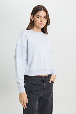 Relaxed Fit Geniş Kesim Bisiklet Yaka Gri Melanj Sweatshirt - Gray Melange-W242451036 (görsel 3)
