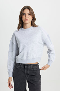 Relaxed Fit Geniş Kesim Bisiklet Yaka Gri Melanj Sweatshirt - Gray Melange-W242451036 (görsel 4)
