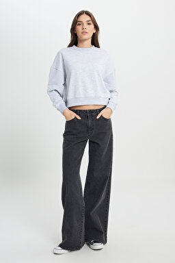 Relaxed Fit Geniş Kesim Bisiklet Yaka Gri Melanj Sweatshirt - Gray Melange-W242451036 (görsel 5)