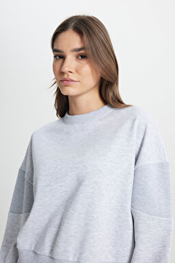Relaxed Fit Geniş Kesim Bisiklet Yaka Gri Melanj Sweatshirt - Gray Melange-W242451036 (görsel 6)