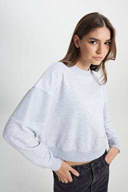 Relaxed Fit Geniş Kesim Bisiklet Yaka Gri Melanj Sweatshirt - Gray Melange-W242451036 (görsel 8)