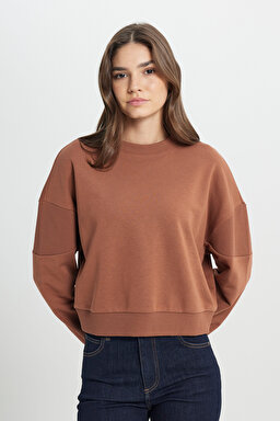 Relaxed Fit Geniş Kesim Bisiklet Yaka Deve Tüyü Sweatshirt - Dark Camel-W242451825 (görsel 2)