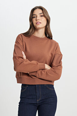 Relaxed Fit Geniş Kesim Bisiklet Yaka Deve Tüyü Sweatshirt - Dark Camel-W242451825 (görsel 3)