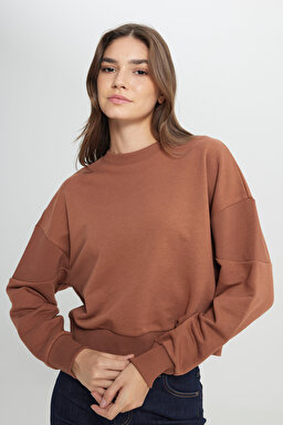 Relaxed Fit Geniş Kesim Bisiklet Yaka Deve Tüyü Sweatshirt - Dark Camel-W242451825 (görsel 4)