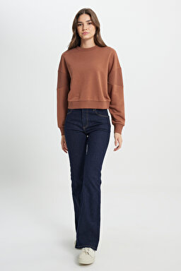 Relaxed Fit Geniş Kesim Bisiklet Yaka Deve Tüyü Sweatshirt - Dark Camel-W242451825 (görsel 5)